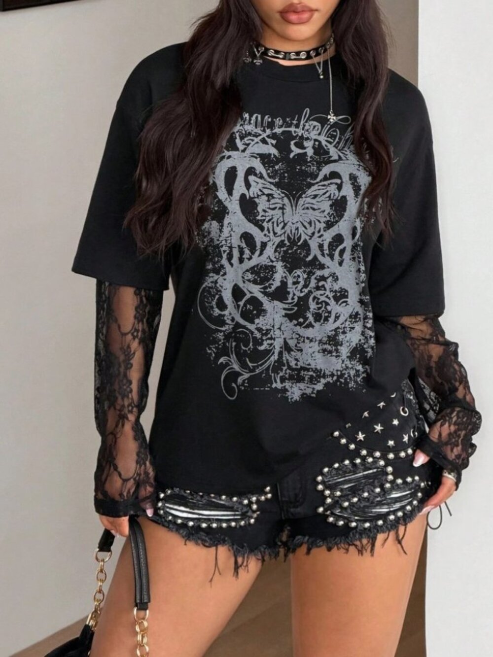 Black Gothic Butterfly Graphic Oversized Tee